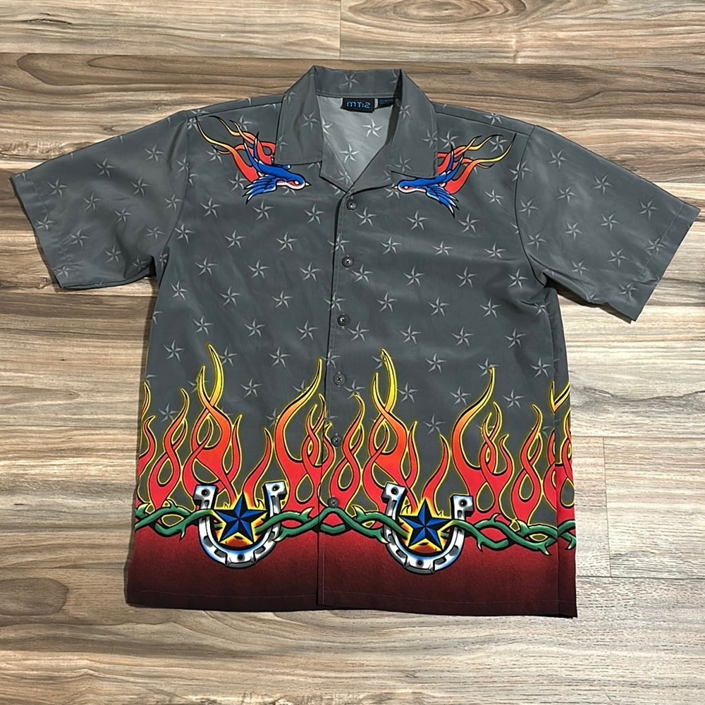 Vintage Y2K Bowling Shirt Mens M Flames Stars Sparrows Rockabilly Camp Shirt